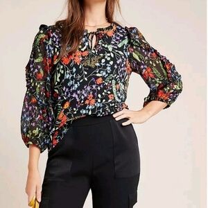 Maeve Black Floral Puff-Sleeve Blouse